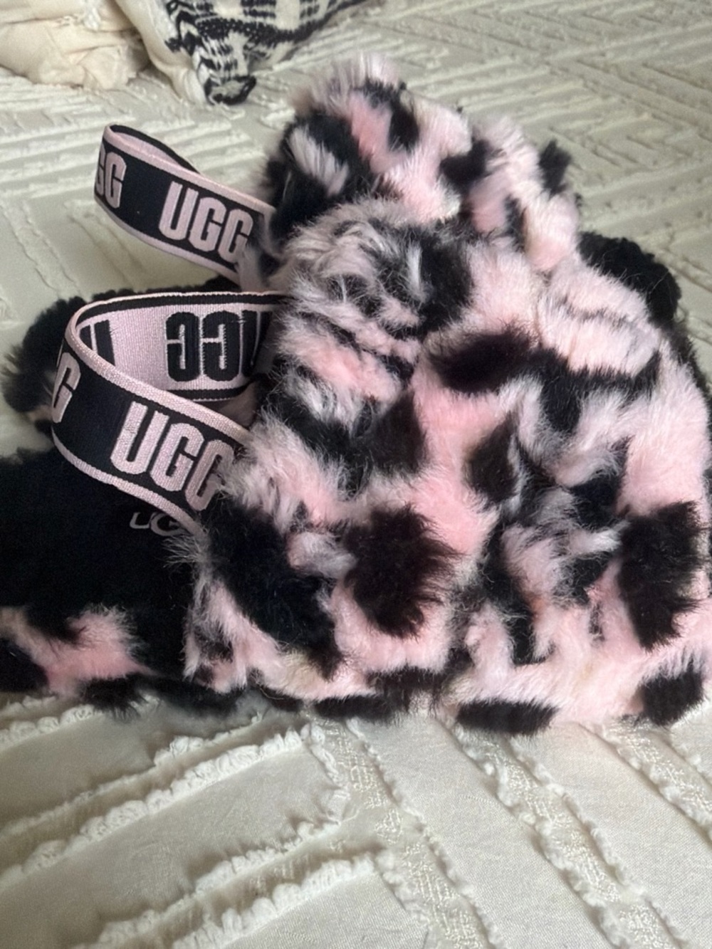 UGG Kids Pink and Black Faux Fur Slipper Mules with Branded Elastic